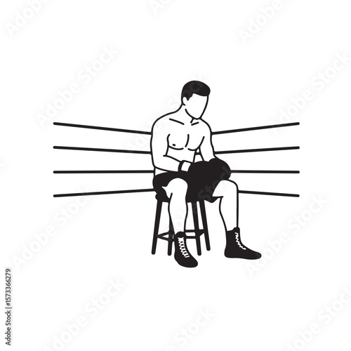 Barechested boxer rests on a stool with boxing gloves inside a boxing ring that has transparent background