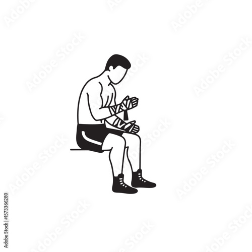 Athletic boxer sits quietly wrapping tape around his hands before fight time in black line work
