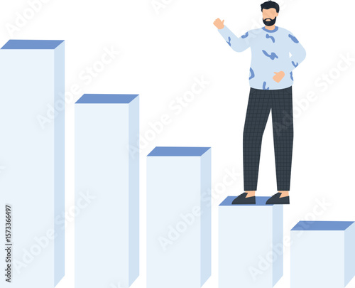 Business Success Concept: Man on Graph, Reaching for Success, Achievement, and Growth,business concept, success concept, rising graph, upward movement, blue shirt, black pants, confident businessman, 