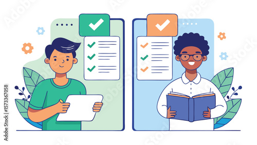 Two students with checklists and books in a digital learning environment demonstrating progress 100