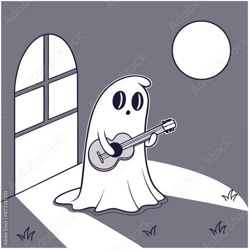 A cartoon ghost playing an electric guitar indoors with a moon and window in a grayscale illustration
