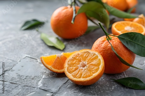 Ripe sweet mandarins on white wooden background, space for text
