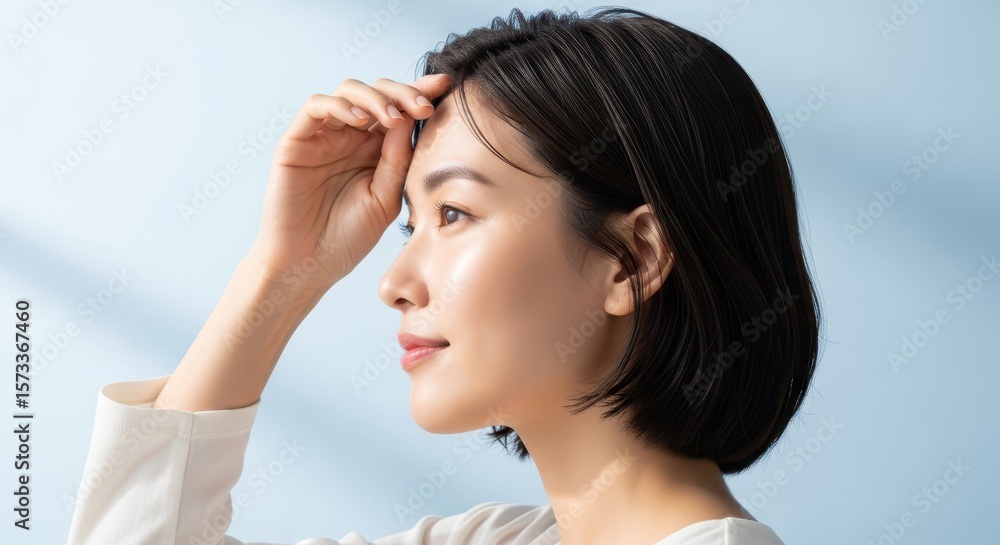 A beautiful asian woman with radiant skin gazes thoughtfully, her natural beauty enhanced by subtle makeup and a fresh, clean look A beautiful asian woman with radiant skin gazes thoughtfully, her natural beauty enhanced by subtle makeup and a fresh, clean look