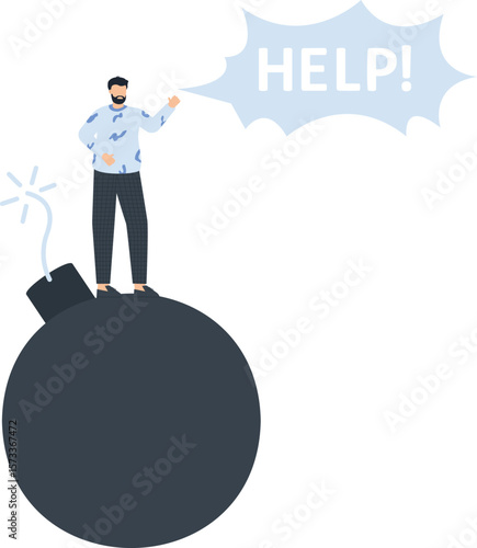 Man on a Bomb with a Help Speech Bubble, Concept of Crisis, Danger, and Request for Assistance,speech bubble, blue shirt, checkered pants, lit fuse, white background, modern design, flat colors