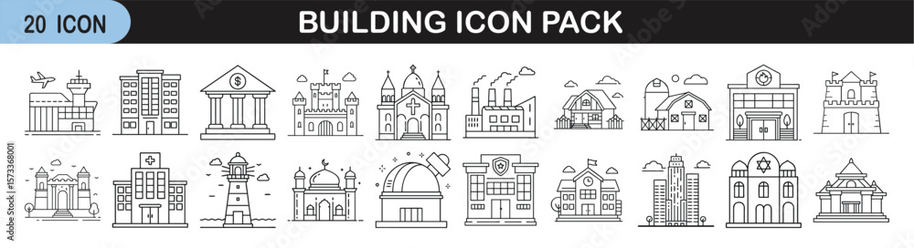 Naklejka premium Outline icon set of various building types - Linear icons representing different architectural structures such as offices, factories, shops, houses, schools, churches, and urban buildings. 