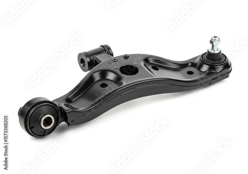 Close up of a black suspension arm component on a white surface in a studio setting view from above