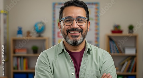 Smiling Teacher in Classroom Portrait: Confident Educator with a Positive Attitude