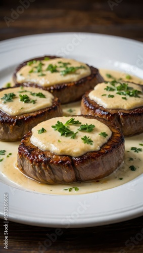 Tender beef steaks with creamy sauce and parsley garnish