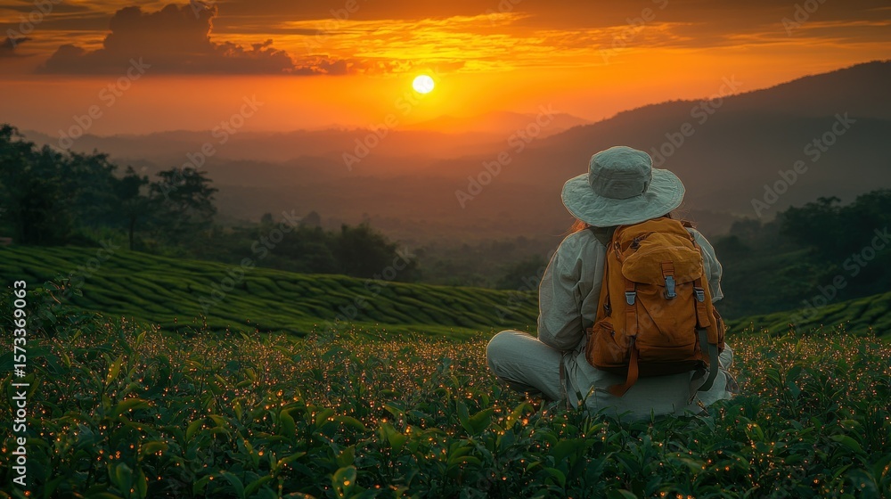 Fototapeta premium Sunset view from tea plantation