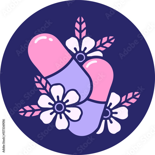 iconic tattoo style image of pills and flowers in bright neon color
