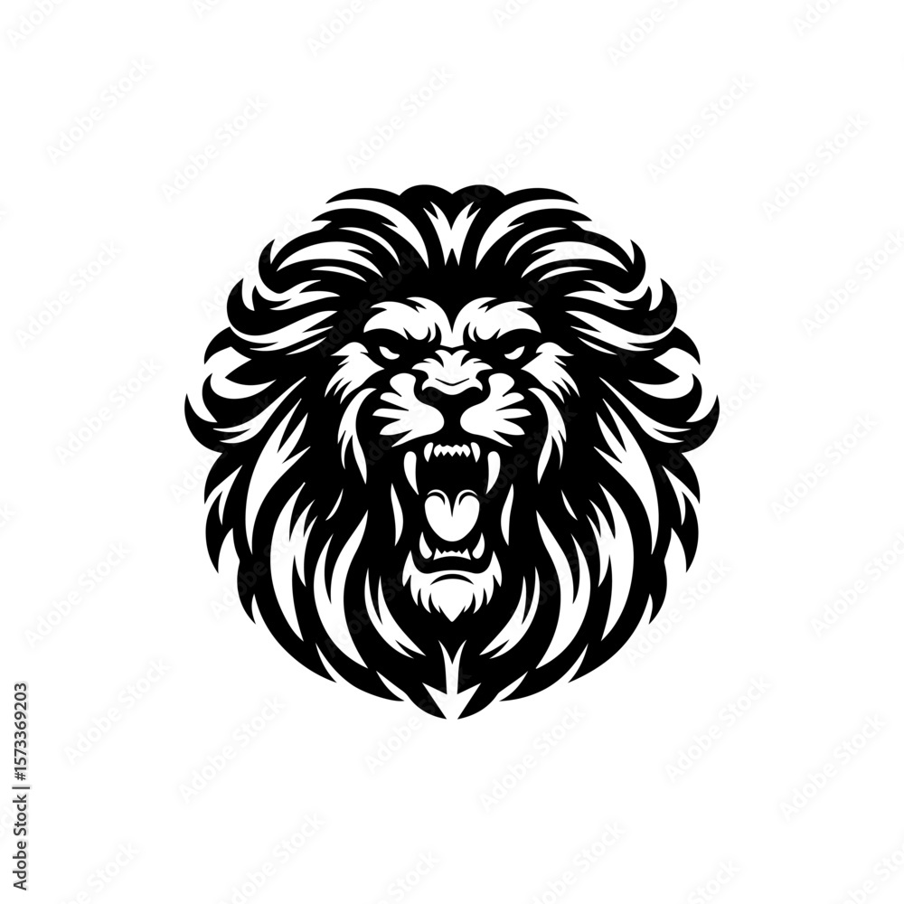 Fototapeta premium A stylized black and white illustration of a roaring lion's head.
