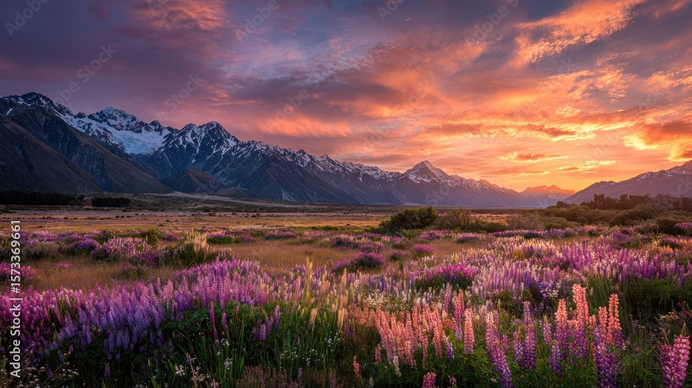 Obraz premium Majestic Sunset over Lupine Meadows and Snowy Mountains