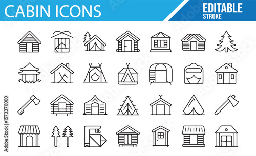 Editable Vector Icons for Camping, Cabins, and Rural Retreats