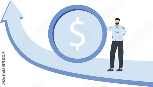 Financial Gro,wth Concept: Businessman with Dollar Sign on Ascending Arrow, Business Succes,financial success, business strategy, upward arrow, dollar symbol, bearded man,
