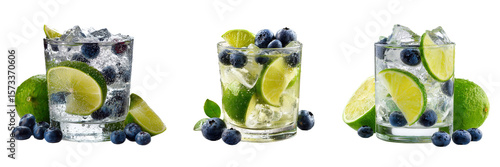 Set of Chilled Cocktail with Lime Slices and Blueberries on Ice Isolated on Transparent Background