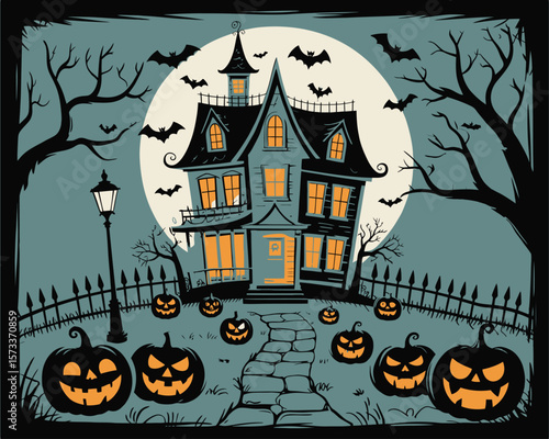 Spooky Haunted House with Jack-o'-Lanterns and Bats