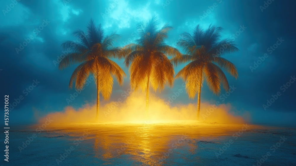 Obraz premium Tropical palm trees under a vibrant night sky