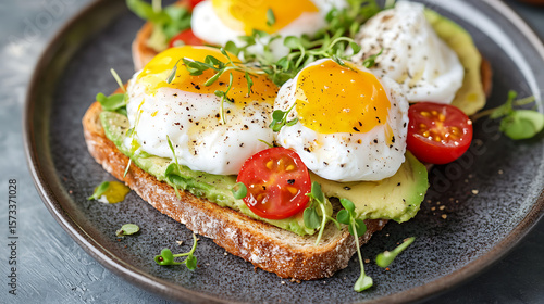  A plate of avocado toast topped with poached eggs, cherry tomatoes, and microgreens 