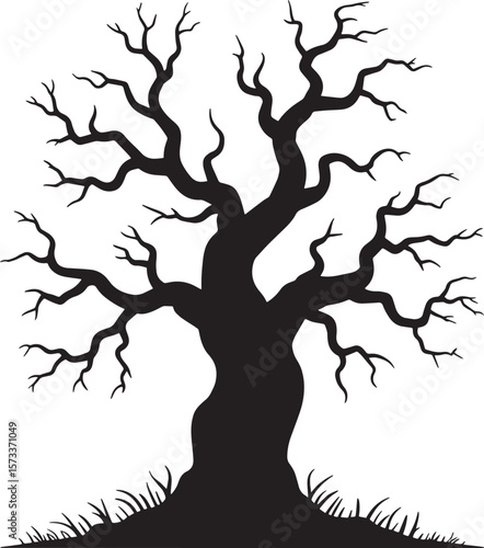 haunted tree Halloween black silhouette vector, spooky simple silhouette design icon on white background, Halloween clipart illustration