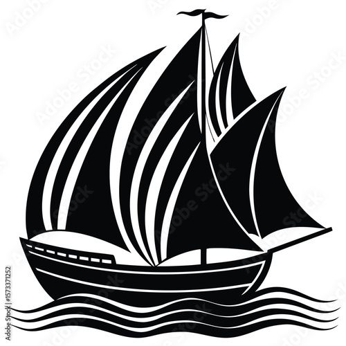 Stylized black silhouette of a sailing ship with full sails gliding across wavy water on a white background