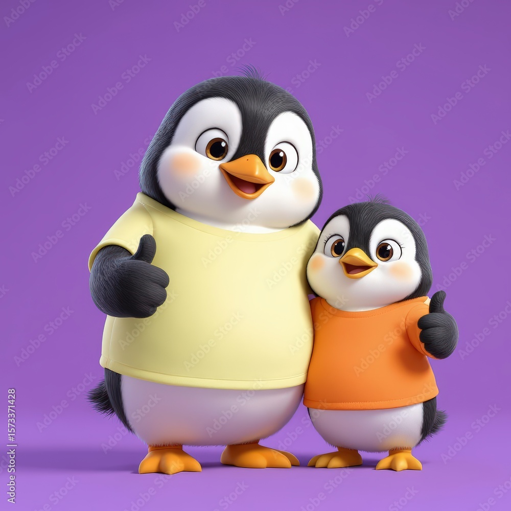 Fototapeta premium Two cute cartoon penguins in colorful shirts giving a thumbs up on a purple background