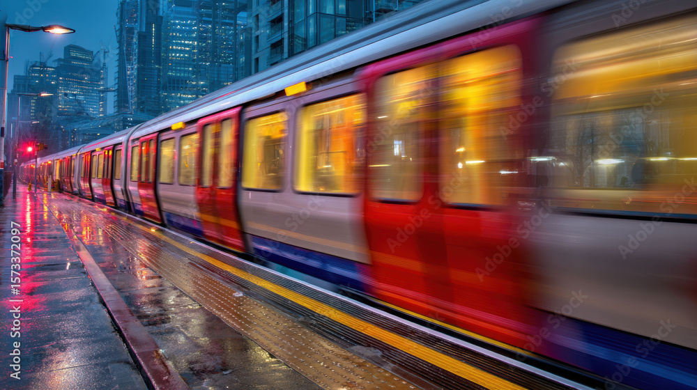 Fototapeta premium a unique angle, the red tube train passes quickly, with streaks and lines in the blurred background emphasizing the sense of speed and motion.