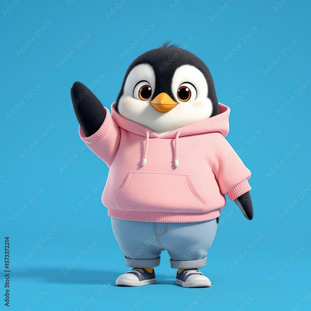 Obraz premium Adorable Cartoon Penguin Character in Pink Hoodie Waving on a Blue Background