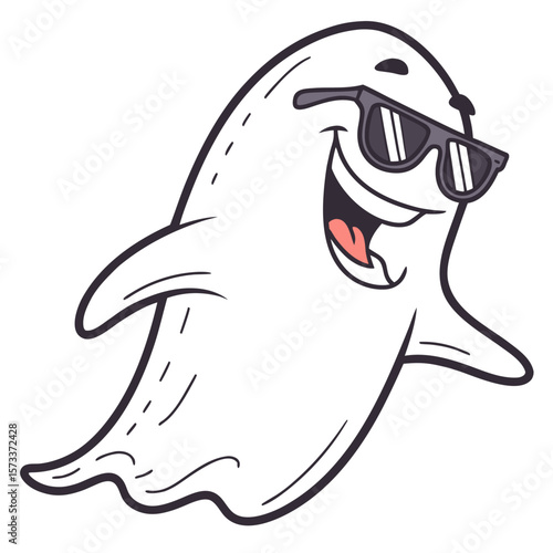 Cartoon ghost wearing sunglasses and smiling with an open mouth showing a tongue, on a white background