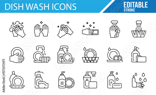 Digital Dishwash Icons Set for Kitchen Cleaning and Household Use