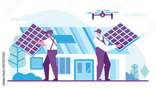 Two workers installing solar panels on a house roof with a drone flying above in a bright and modern design
