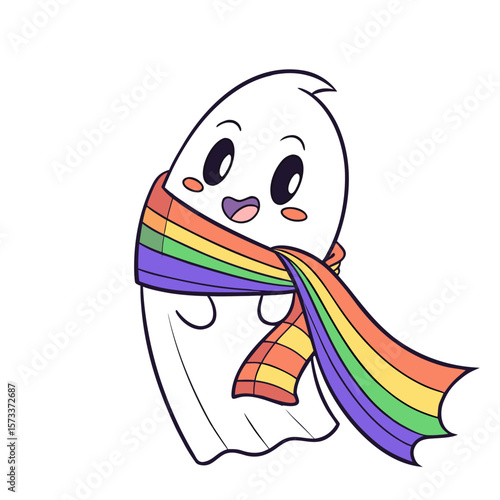 A cheerful cartoon ghost wearing a rainbow striped scarf symbolizing lgbtq pride and a friendly welcoming spirit isolated on a white background with a cute kawaii style