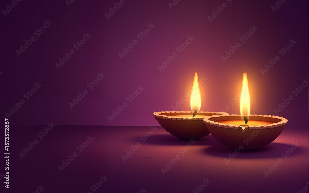 Two lit diyas (oil lamps) with flames on a purple background, creating a spiritual and serene atmosphere. Ideal for Diwali, festivals of light, or religious ceremonies. High quality Two lit diyas (oil lamps) with flames on a purple background, creating a spiritual and serene atmosphere. Ideal for Diwali, festivals of light, or religious ceremonies. High quality