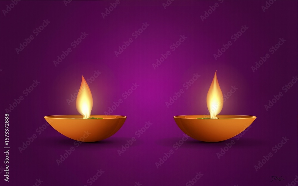 Two lit diyas (oil lamps) with flames on a purple background, creating a spiritual and serene atmosphere. Ideal for Diwali, festivals of light, or religious ceremonies. High quality Two lit diyas (oil lamps) with flames on a purple background, creating a spiritual and serene atmosphere. Ideal for Diwali, festivals of light, or religious ceremonies. High quality