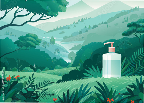 Eco-Friendly Soap Dispenser Surrounded by Lush Greenery and Mountains for Nature Blogs, Eco-Conscious Websites, Sustainable Living Articles, and Wellness Content  