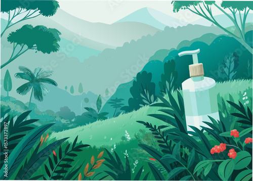 Organic Hand Soap Bottle in Lush Green Landscape for Eco-Friendly Blogs, Sustainable Living Websites, Nature Awareness Campaigns, and Wellness Content  