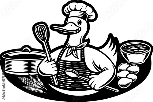 Whimsical duck chef wearing apron and holding kitchen utensils