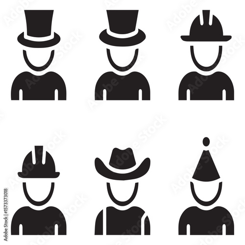 Set of diverse people icons wearing different hats representing professions and celebrations