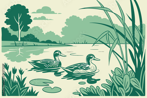 ducks swimming in a pond with lily pads and reeds 