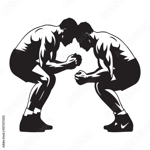 Two wrestlers in a black and white silhouette facing each other in a grappling stance