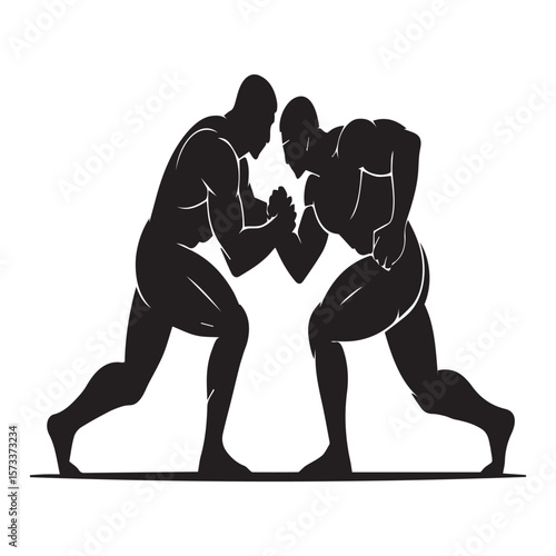 Two muscular men in silhouette engaged in a fierce arm wrestling match