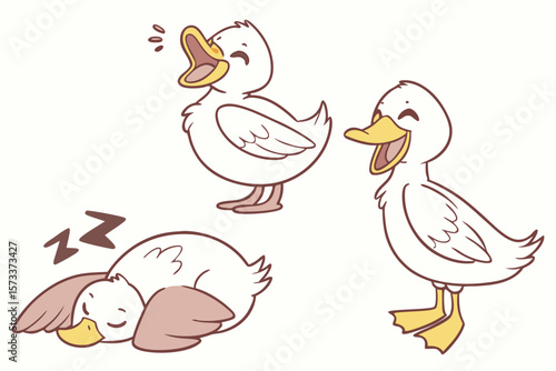 Cute duck in various poses sleeping yawning and stretching