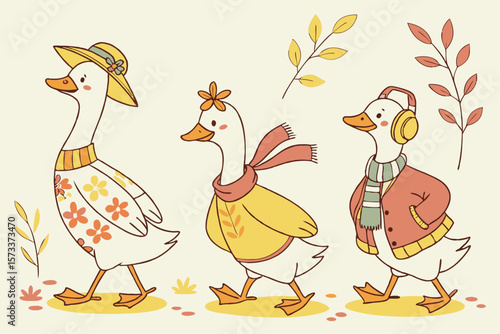 Charming ducks dressed in delightful seasonal outfits for spring and summer