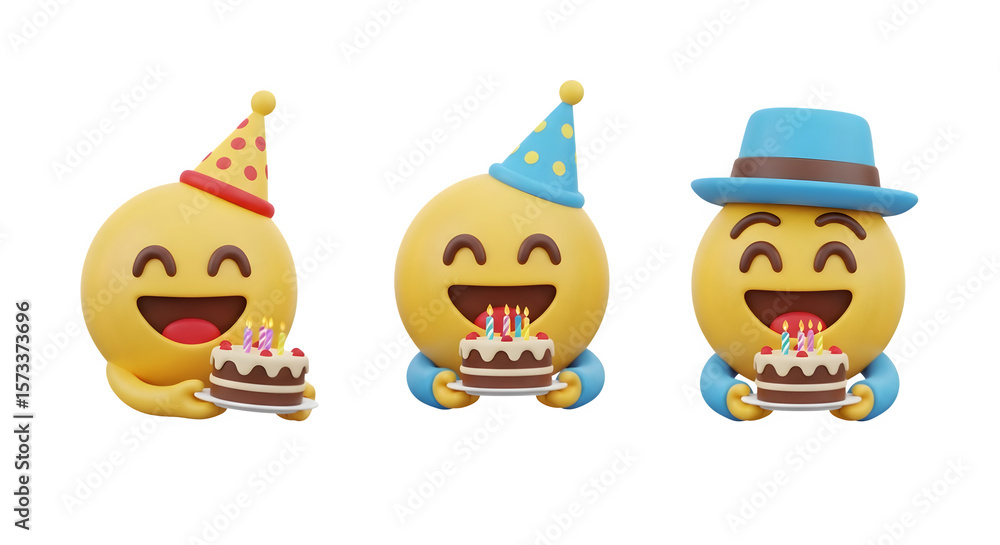 Obraz premium Birthday Emojis with Cake, isolated on white background