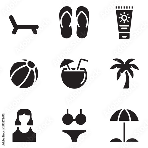Collection of black and white beach vacation icons on a white background