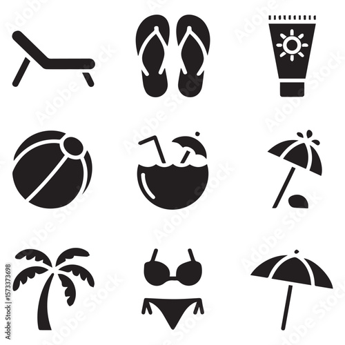 Collection of black and white icons representing summer vacation and beach activities