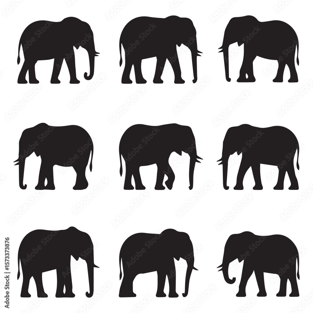 Fototapeta premium Collection of nine black elephant silhouettes on a white background