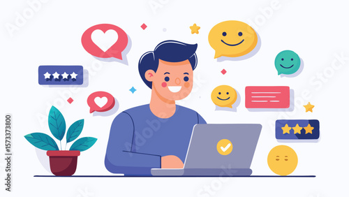 Illustration of a man using a laptop surrounded by feedback icons and a potted plant near him