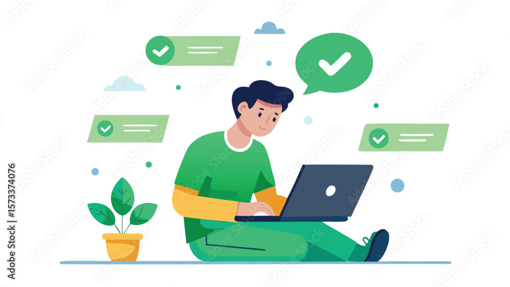 Man sitting with laptop surrounded by checkmarks and a plant in a pot on a white background Man sitting with laptop surrounded by checkmarks and a plant in a pot on a white background