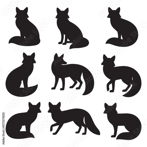 Collection of nine black fox silhouettes in various poses on a white background
