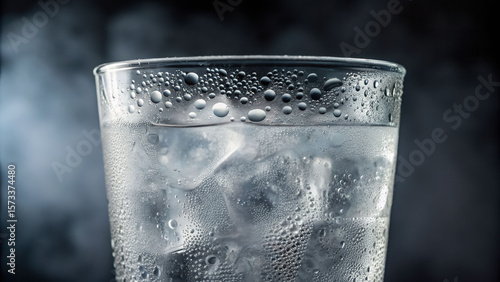 Cold solid ice cubes float in clear liquid glass of water with gas bubbles creating refreshing and cool sensation on dark background